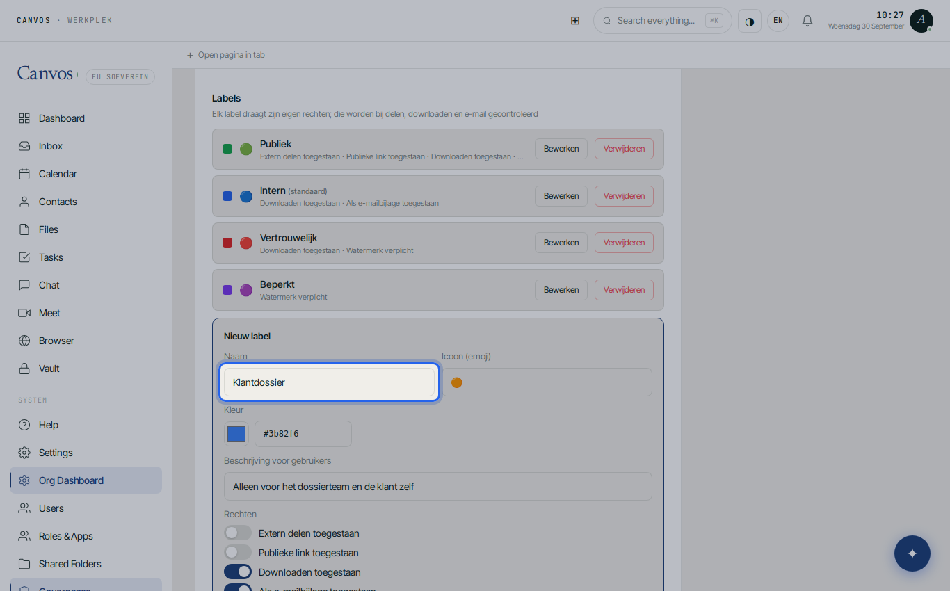 The form for a new label with name, icon and description