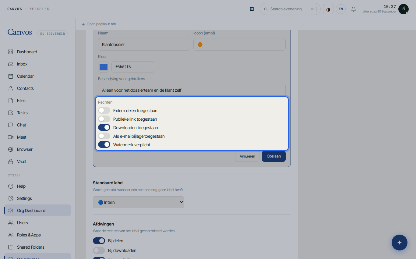 The rights of the Client file label configured