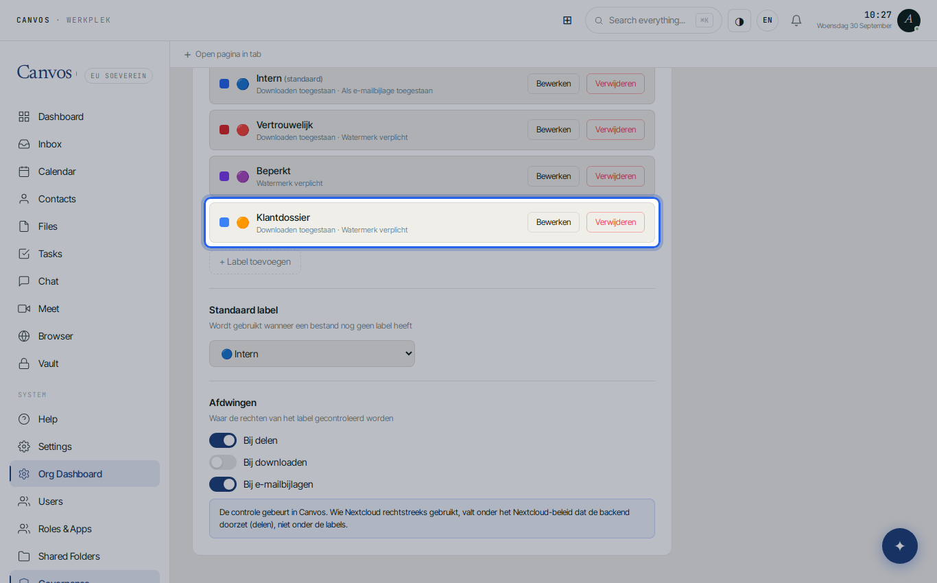 The new Client file label in the list of labels