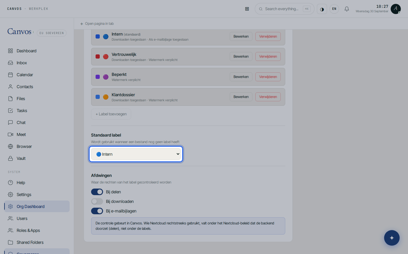 The default label set to Internal
