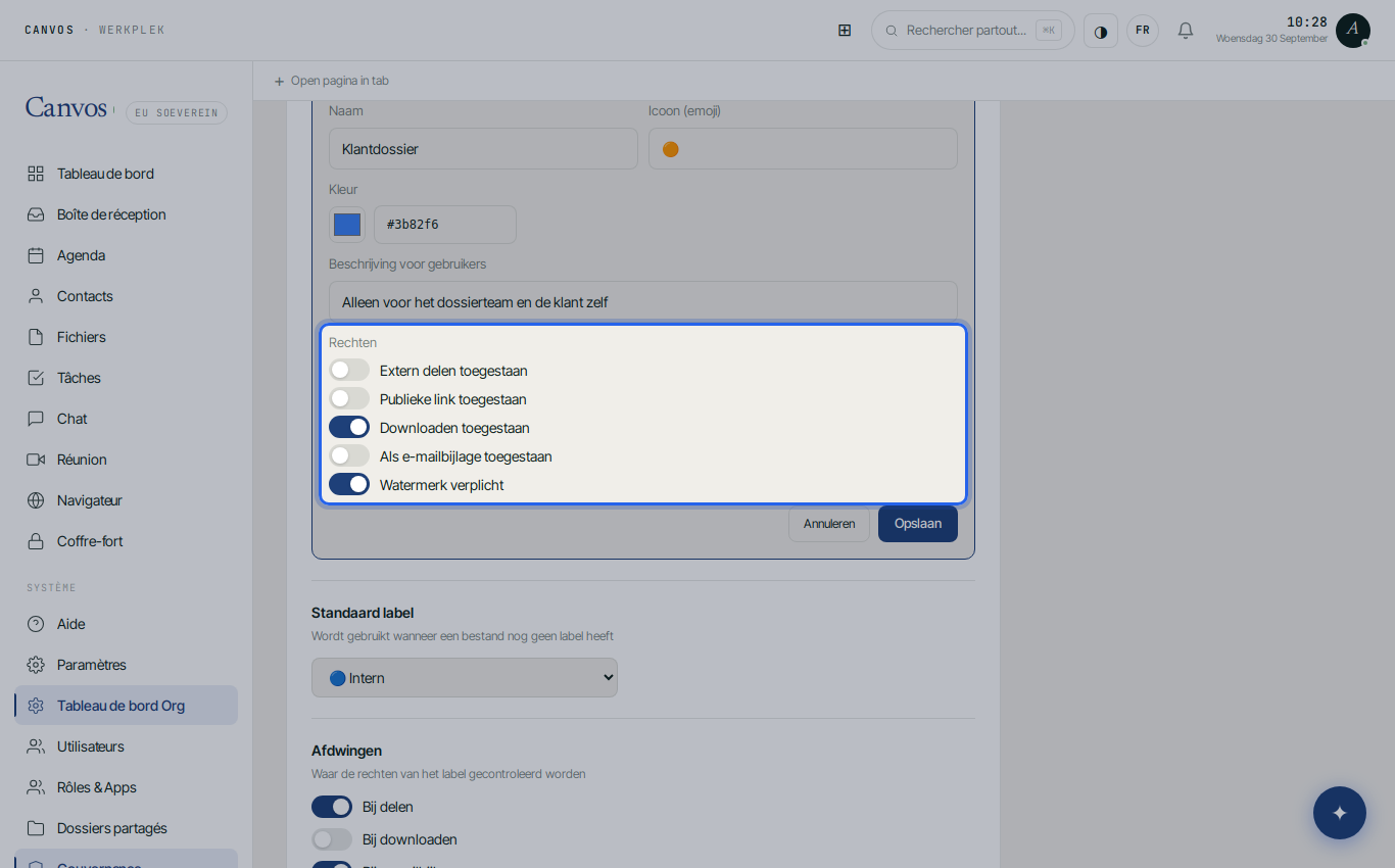 Les droits de l'étiquette Dossier client configurés