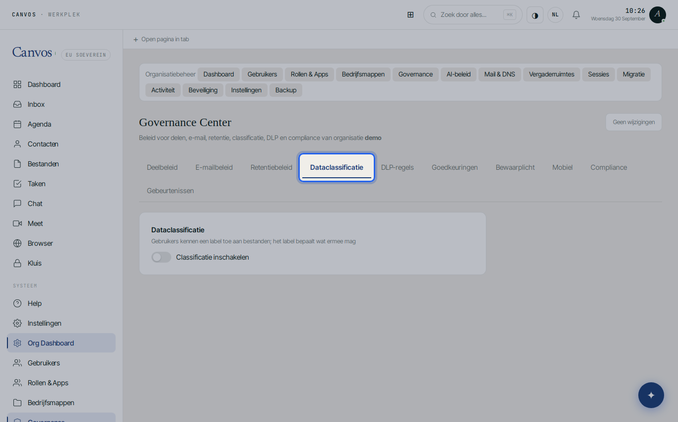 Het tabblad Dataclassificatie in het Governance Center