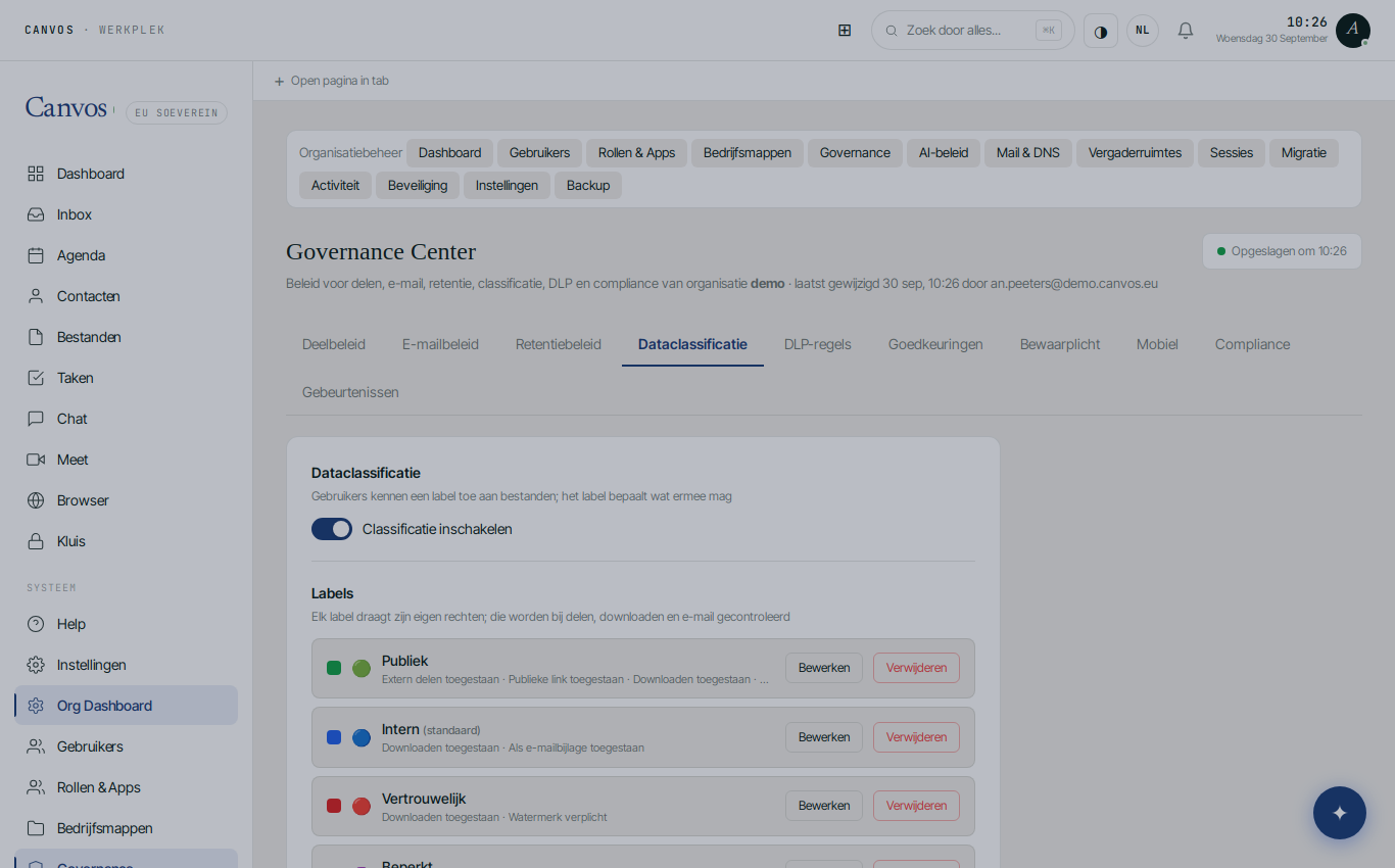 De vier meegeleverde labels Publiek, Intern, Vertrouwelijk en Beperkt