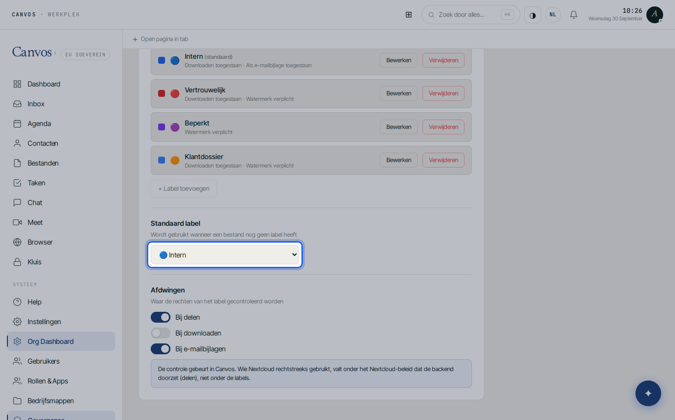 Het standaardlabel ingesteld op Intern