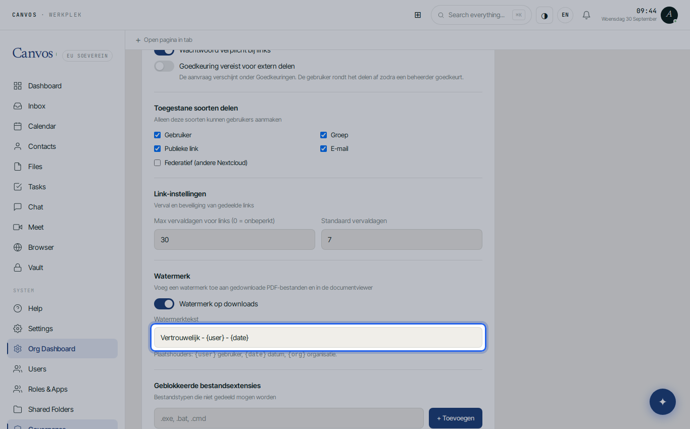Watermark on downloads switched on with the text Confidential, user and date