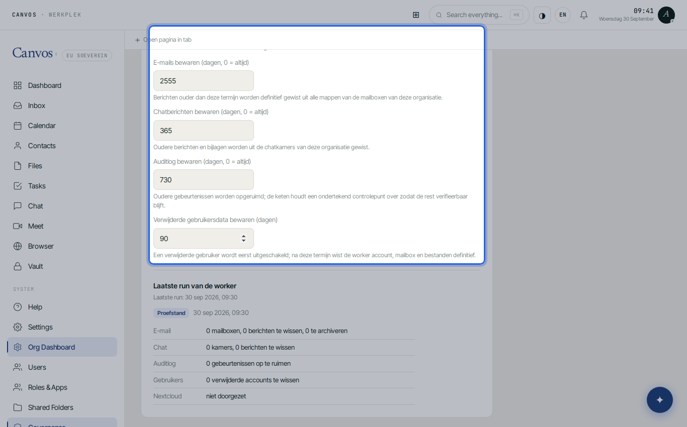 Chat 365 days, audit log 730 days, deleted user data 90 days
