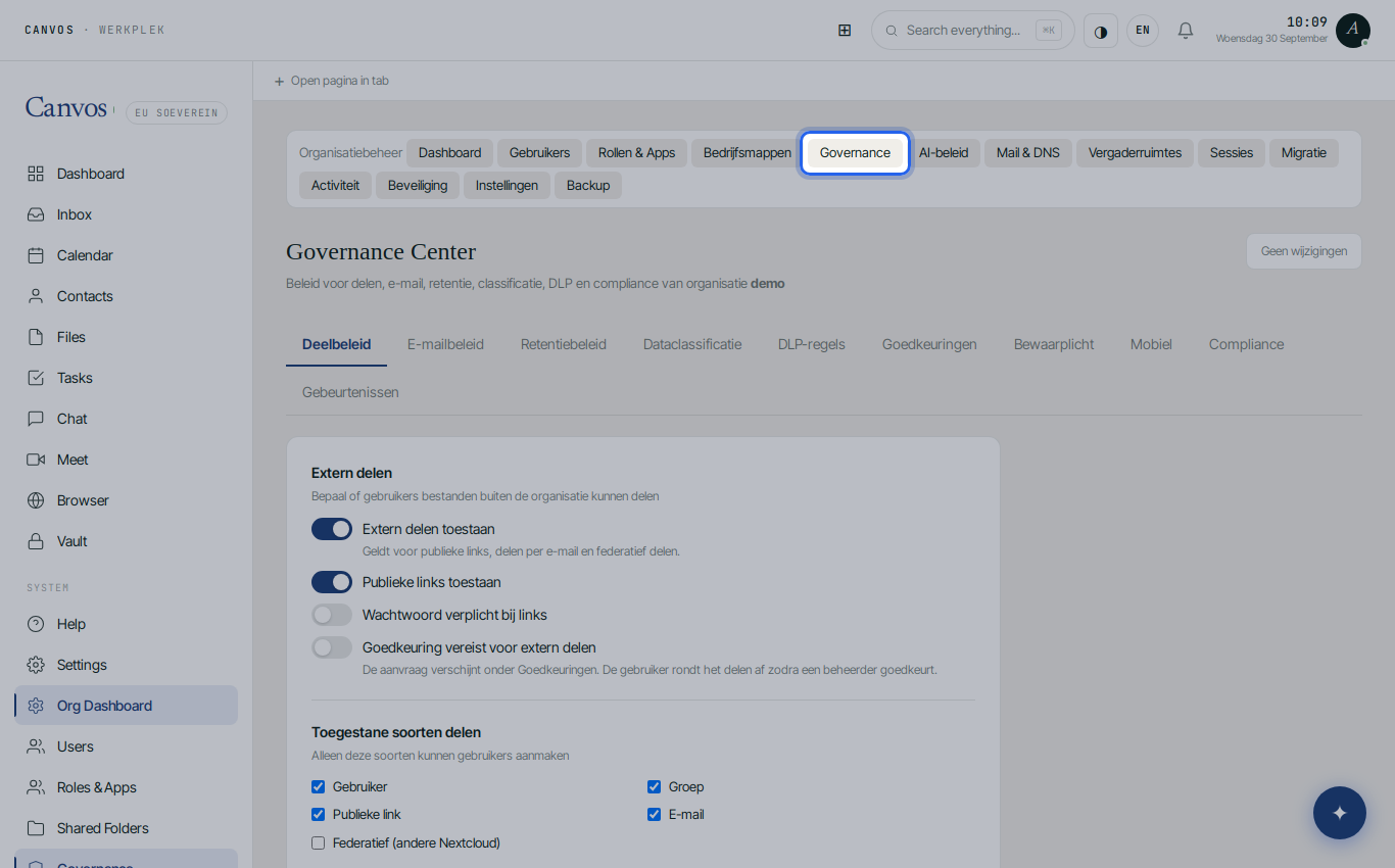 The Governance Center with the Governance button highlighted