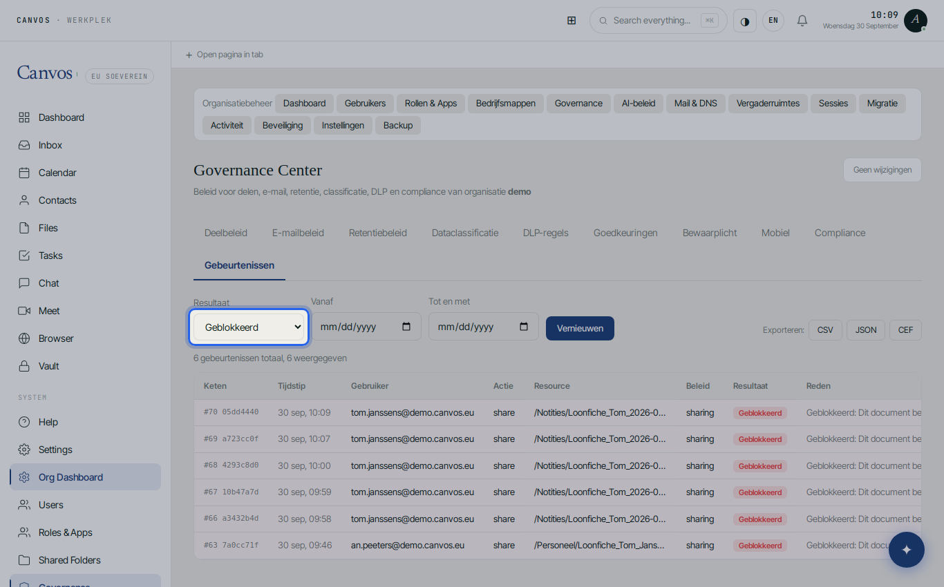 The result filter set to blocked, showing the blocked share attempt