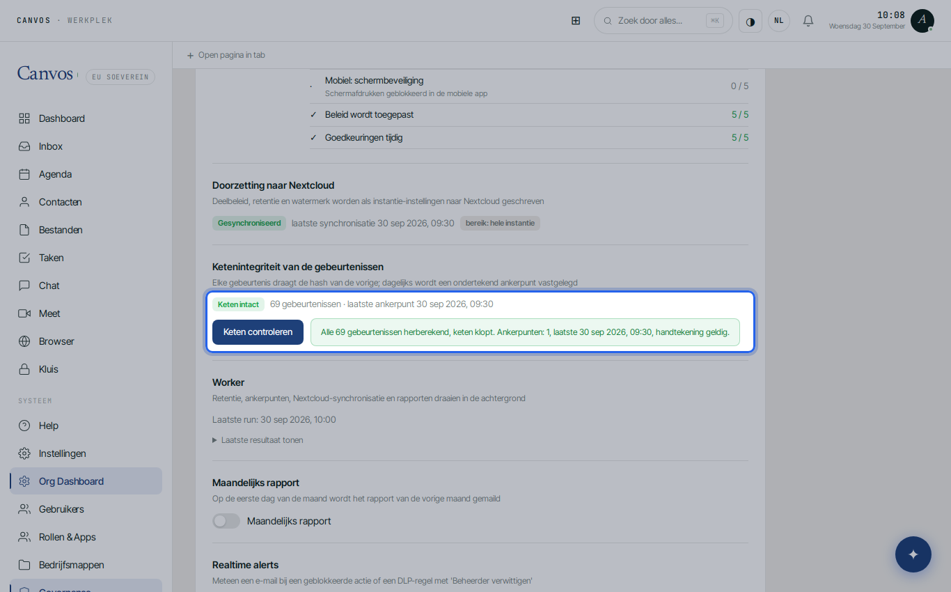 De sectie Ketenintegriteit met het resultaat van Keten controleren