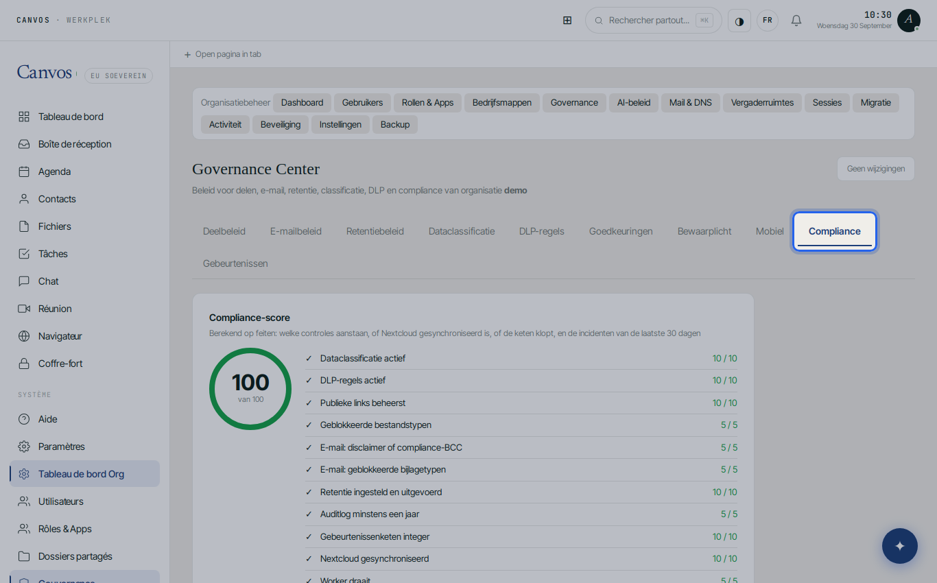 L'onglet Conformité dans le Governance Center