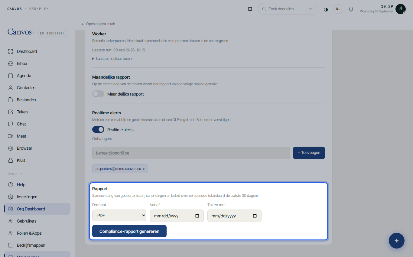 De knop Compliance-rapport genereren met de periodekeuze