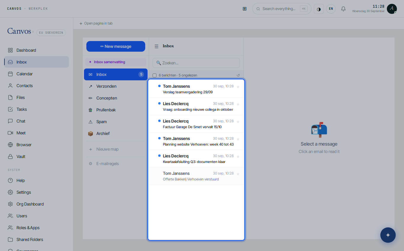 The Canvos Mail inbox with folders, message list and reading pane