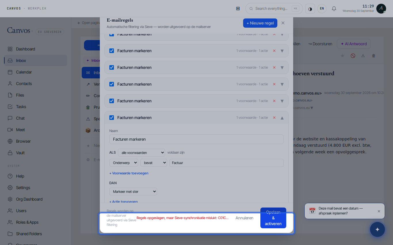 The form for a new email rule with condition and action