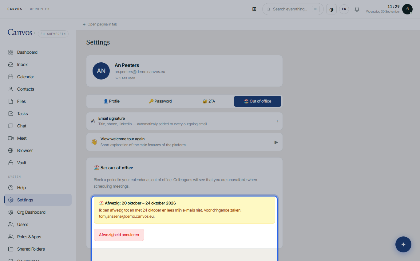 The configured absence with period and message, and the cancel button