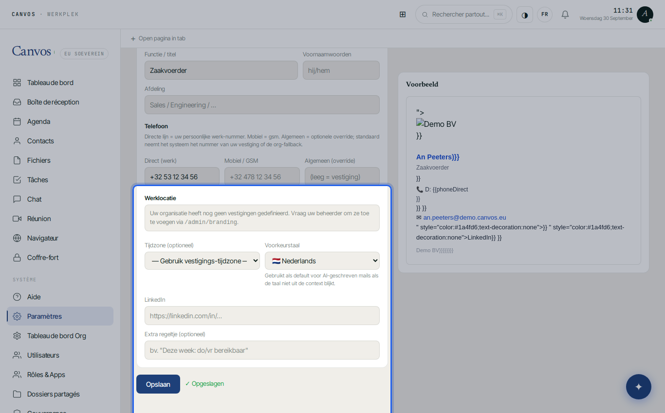 Les paramètres de la signature e-mail avec fonction et téléphone remplis