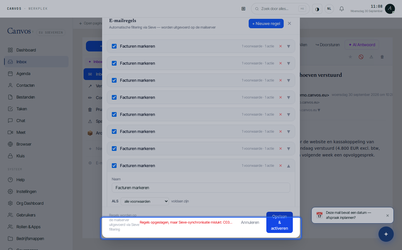 Het formulier voor een nieuwe e-mailregel met voorwaarde en actie