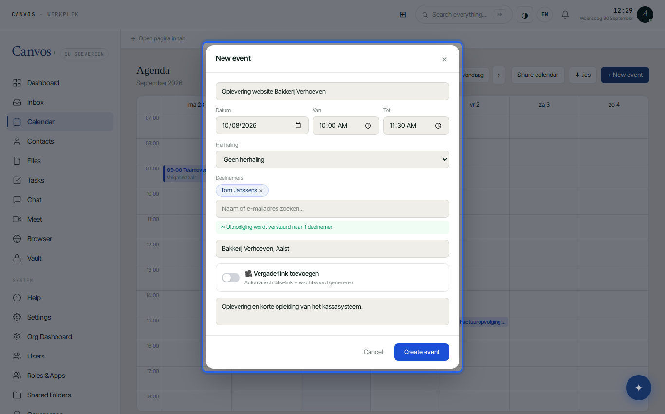 The New event form filled in with title, time, attendee and location