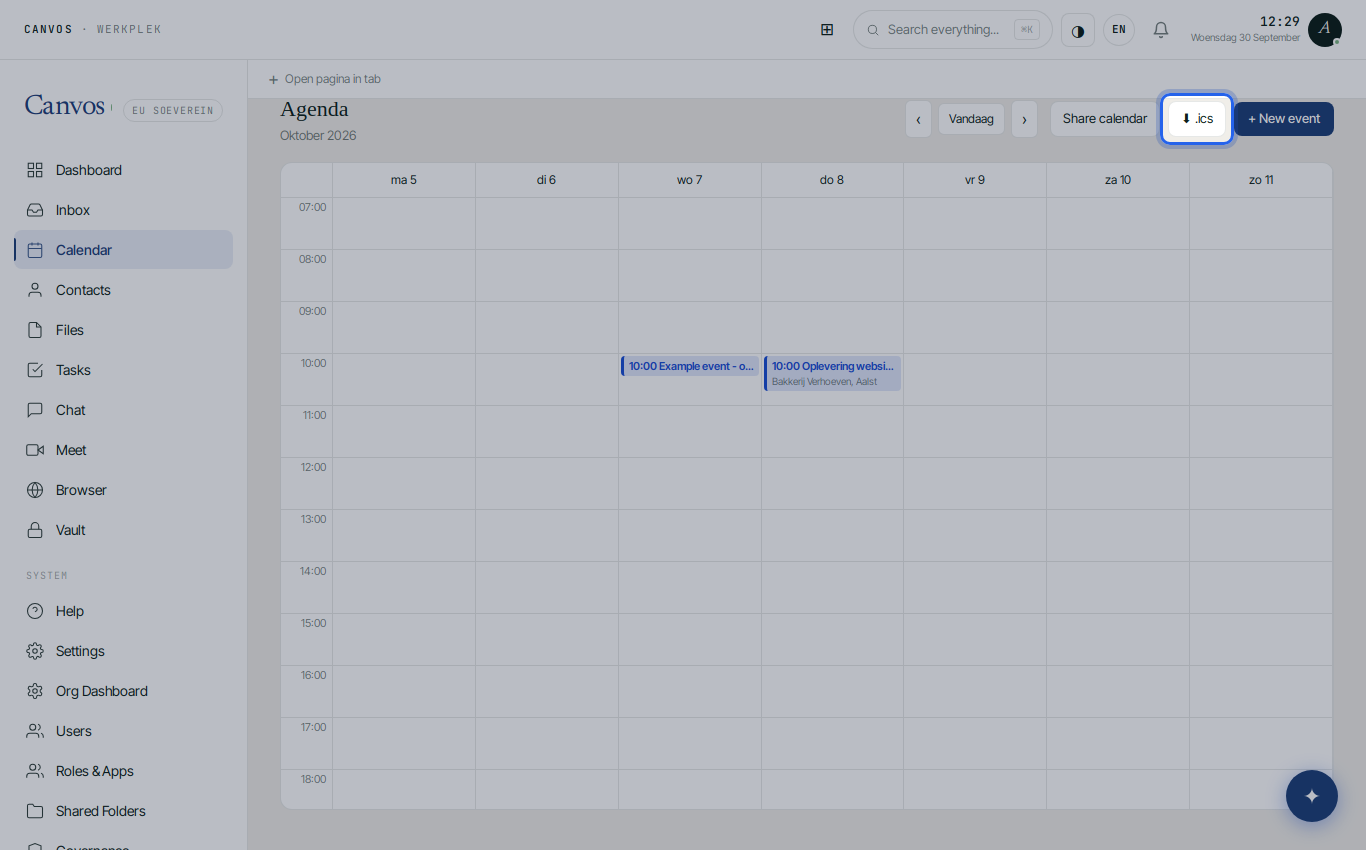 The Share calendar and .ics buttons at the top of the calendar