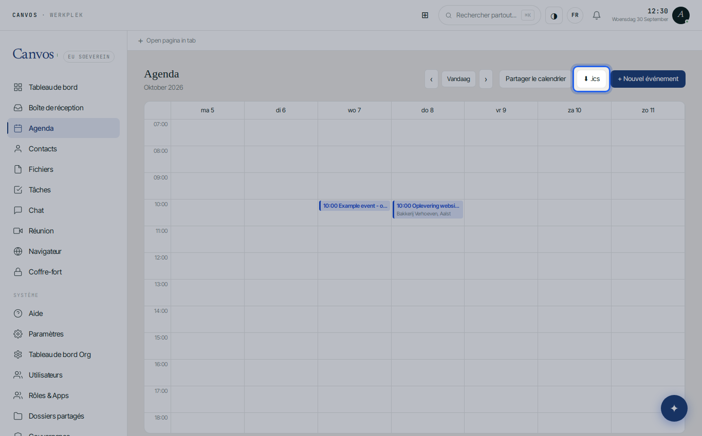 Les boutons Partager le calendrier et .ics en haut de l'agenda
