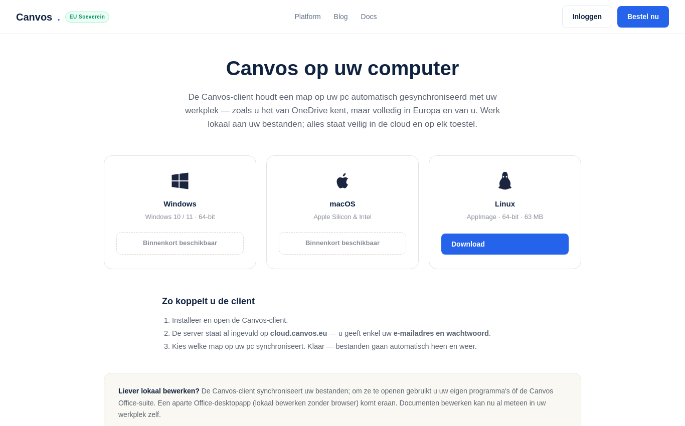 De downloadpagina van Canvos met de kaarten voor Windows, macOS en Linux