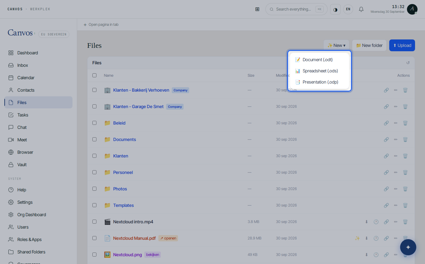 The New menu with Document, Spreadsheet and Presentation