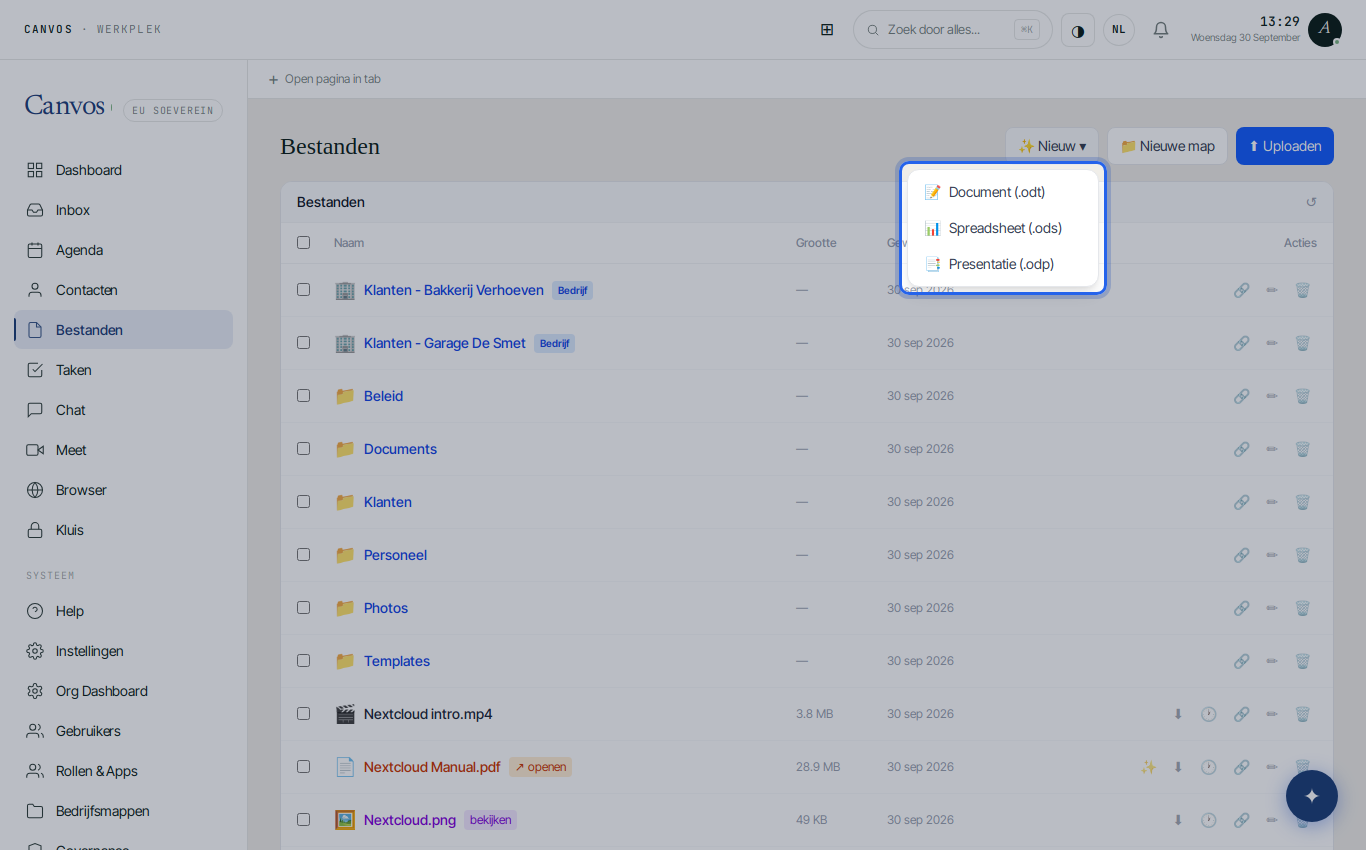Het menu Nieuw met Document, Spreadsheet en Presentatie