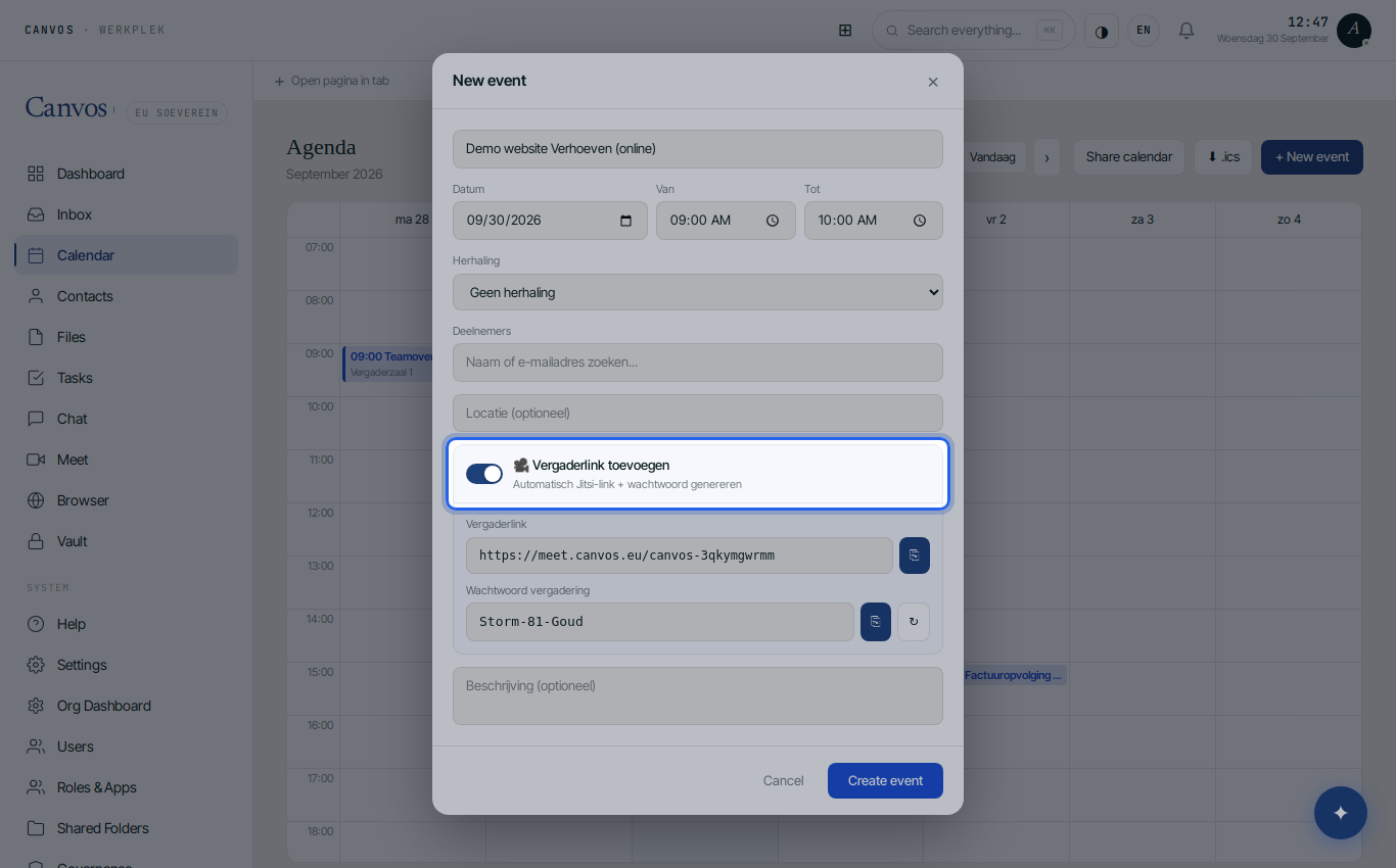 The add meeting link toggle in a new appointment