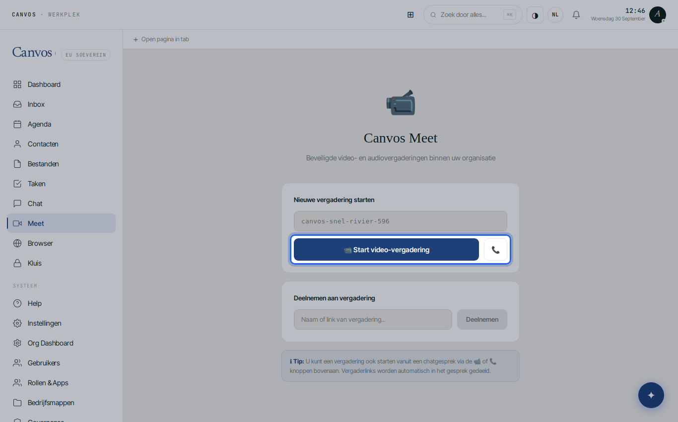 De Meet-pagina met de knop Start video-vergadering