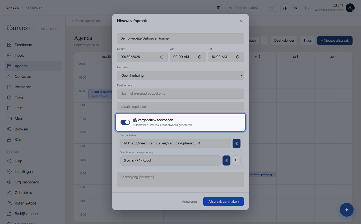 De toggle Vergaderlink toevoegen in een nieuwe afspraak