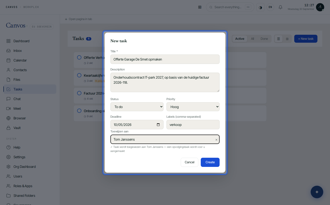 The New task form filled in with title, priority, deadline, label and colleague