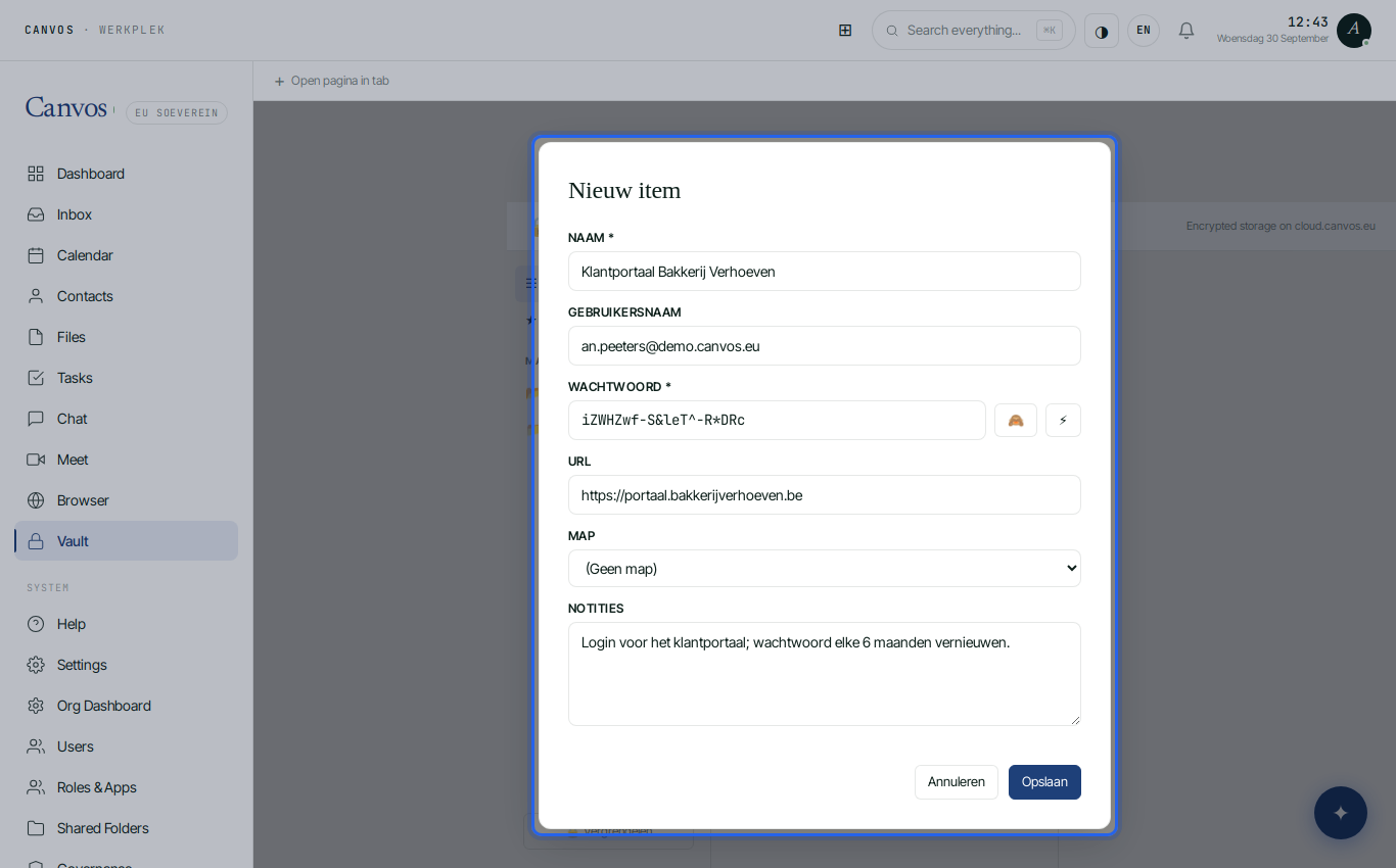 The New item form with name, username, generated password, URL and notes