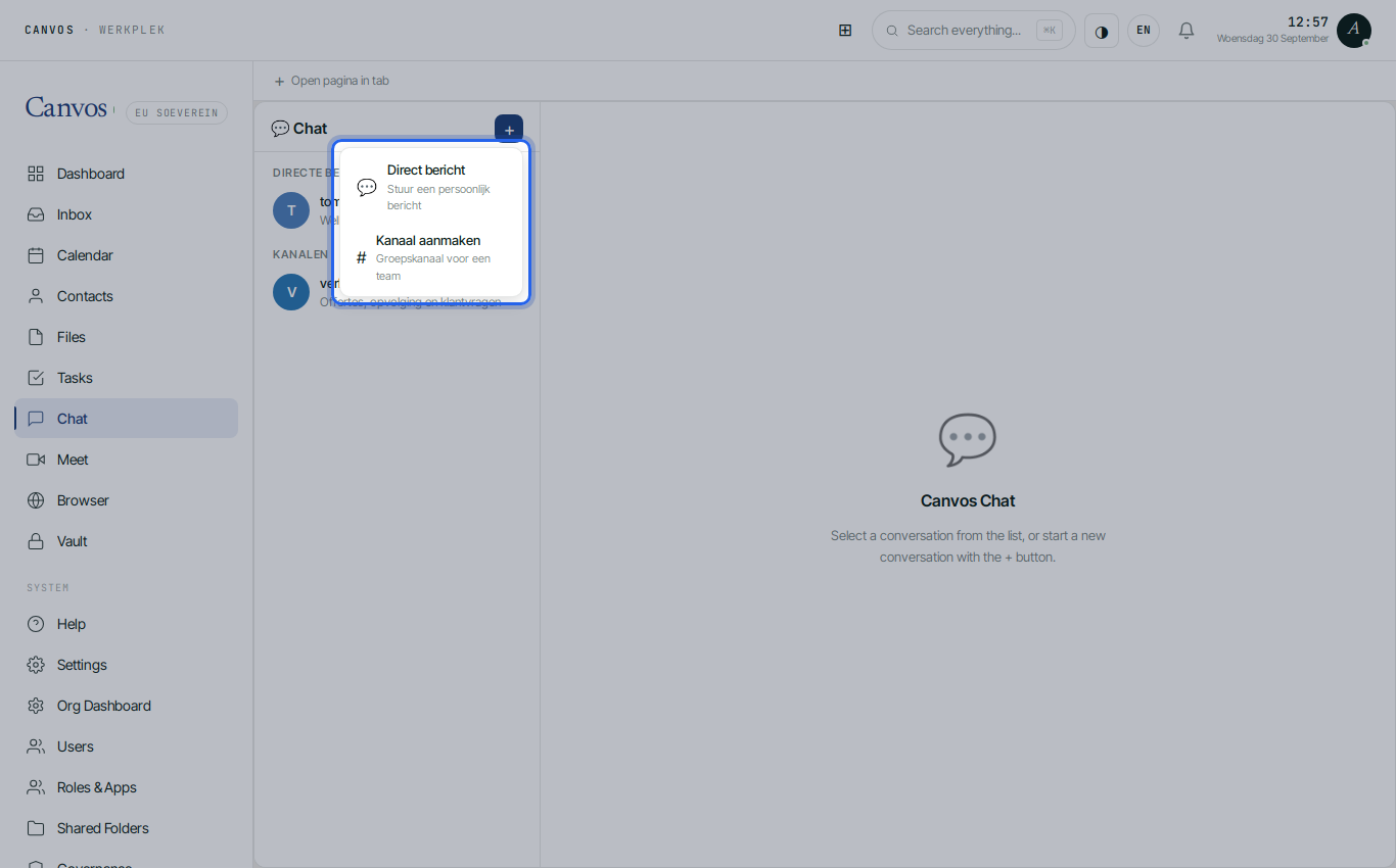 The Chat module with the menu Direct message and Create channel