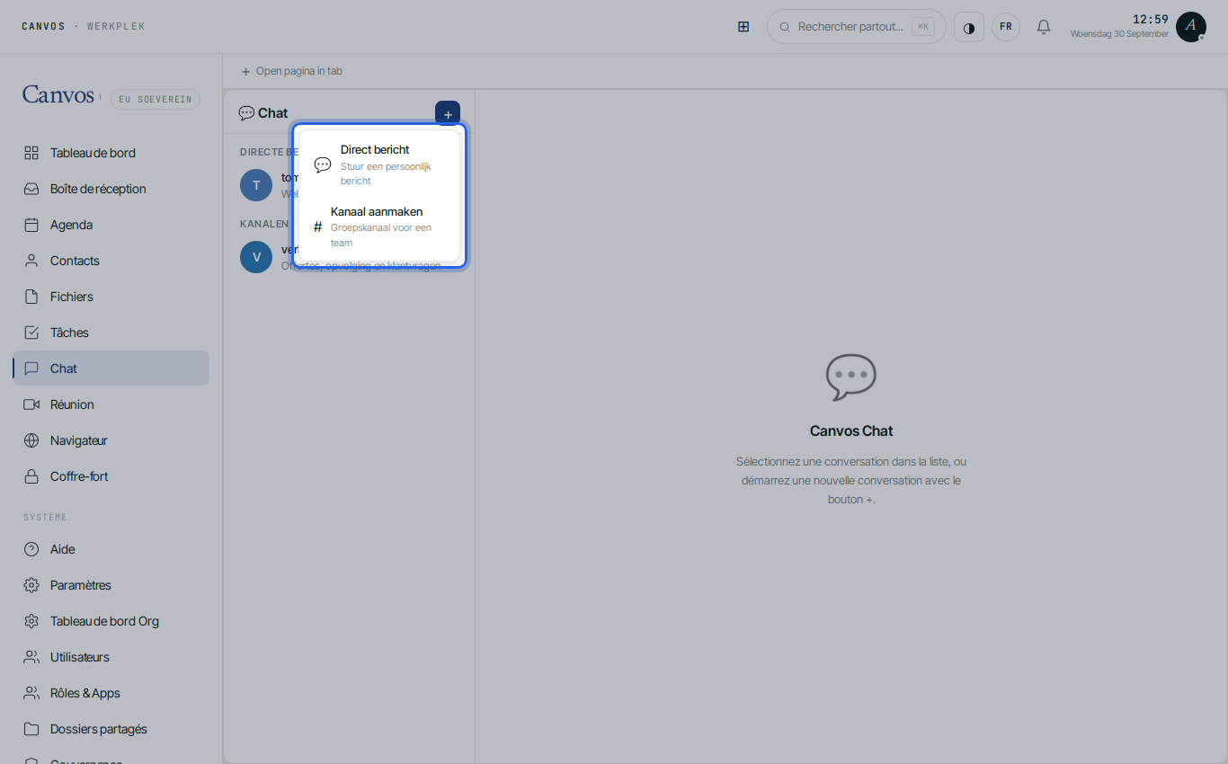 Le module Chat avec le menu Message direct et Créer un canal