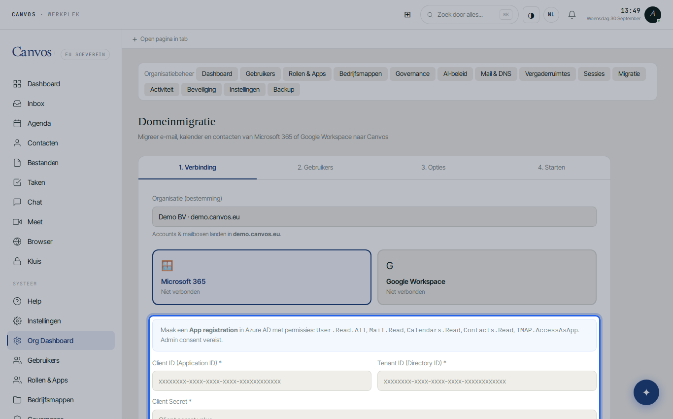 Stap 1 van de wizard met de velden Client ID, Tenant ID en Client Secret