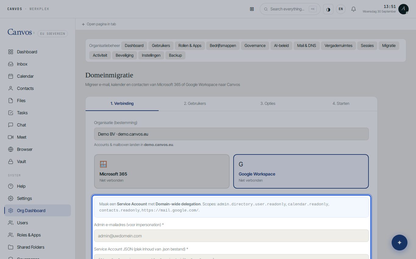 Step 1 of the wizard with the administrator address and the service account JSON field