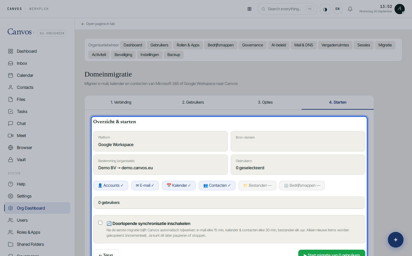 Step 4 of the wizard: overview, continuous sync and the start button