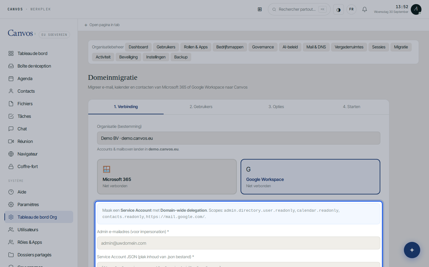 Étape 1 de l'assistant avec l'adresse administrateur et le champ JSON du compte de service
