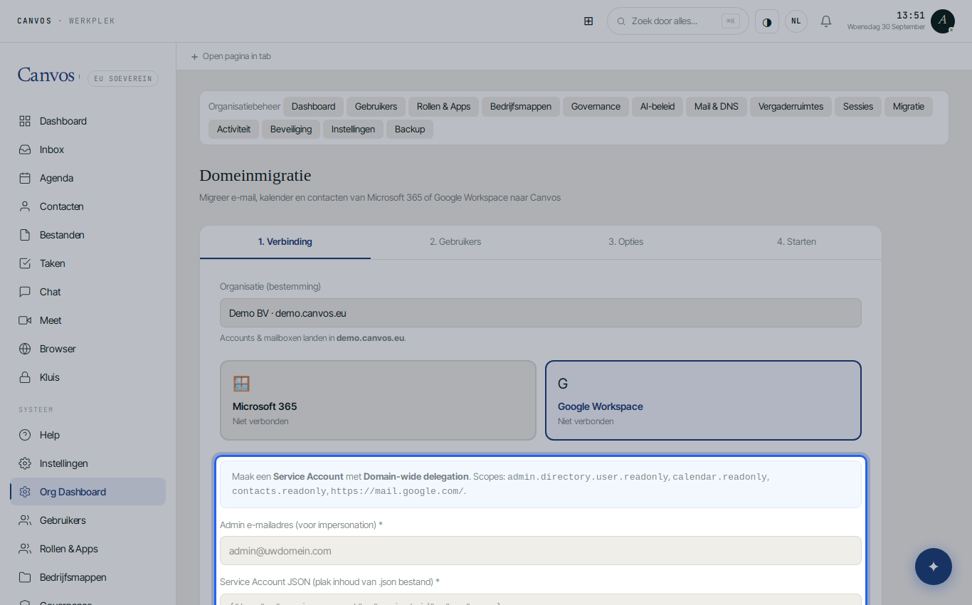 Stap 1 van de wizard met het beheerdersadres en het veld voor de service-account-JSON