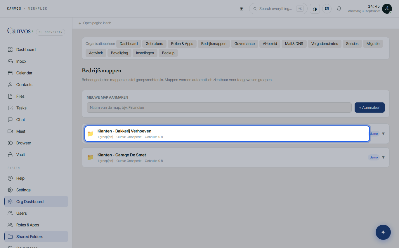 The company folders of Demo BV with groups and rights