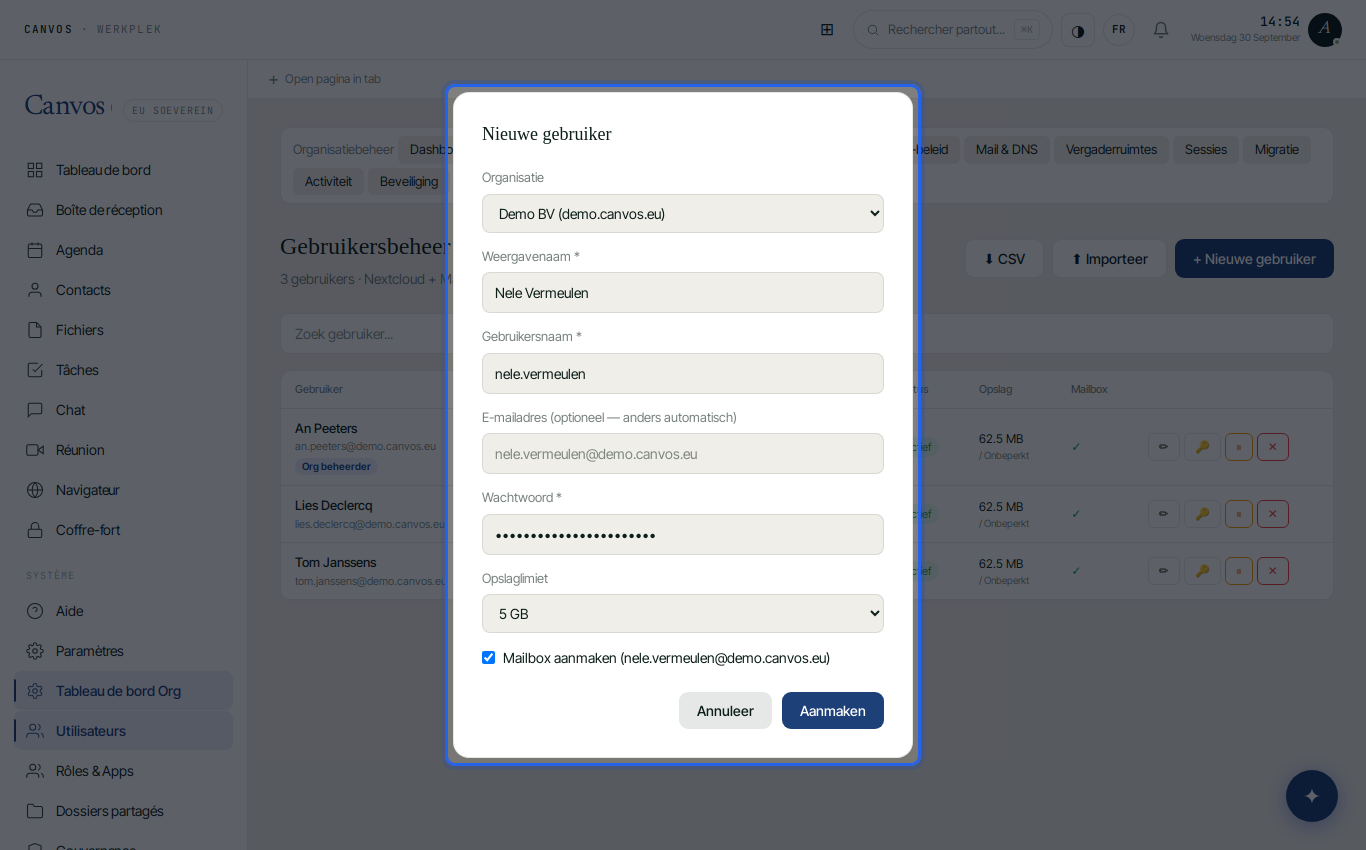 Le formulaire Nouvel utilisateur avec nom, identifiant, mot de passe et quota