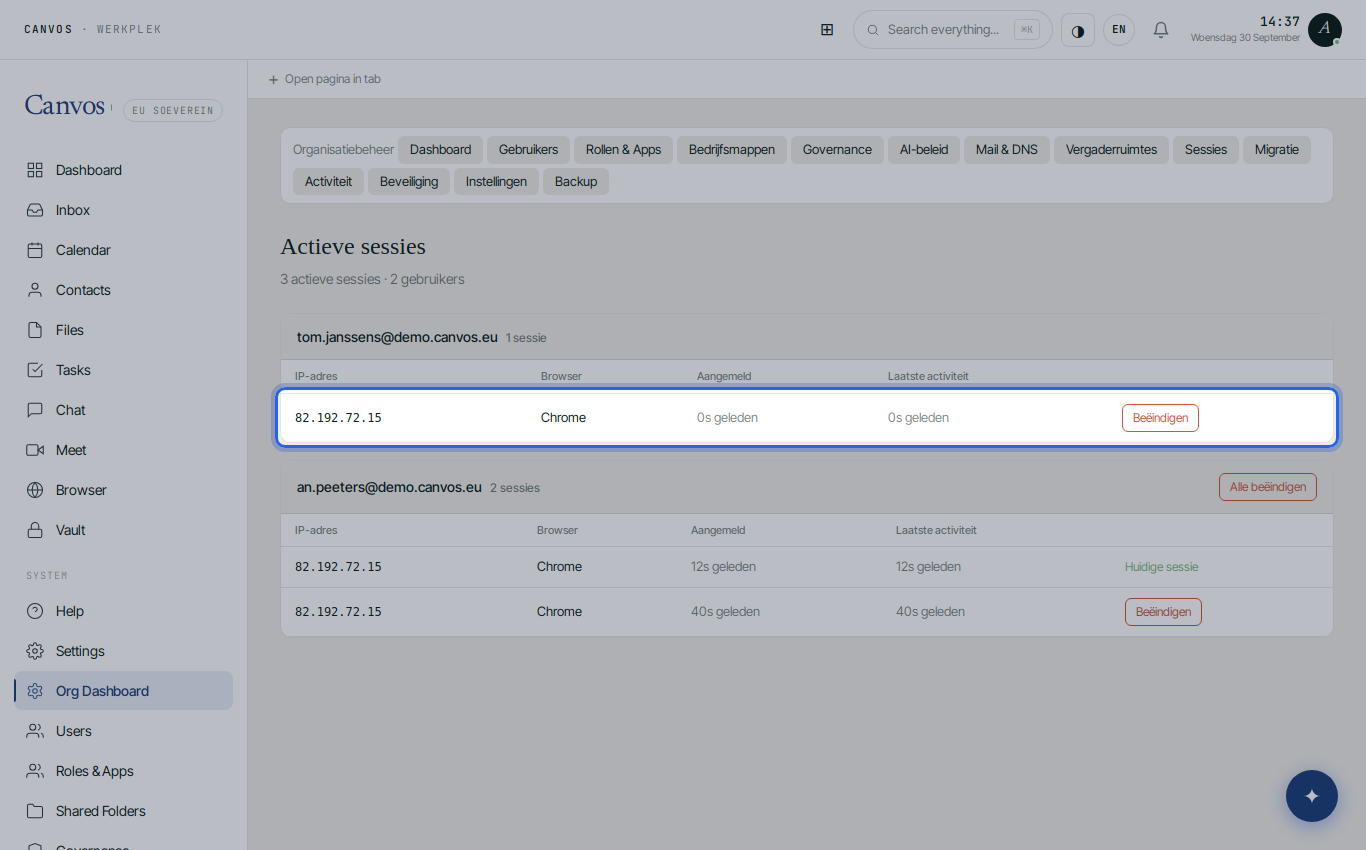 The overview of active sessions with the End button