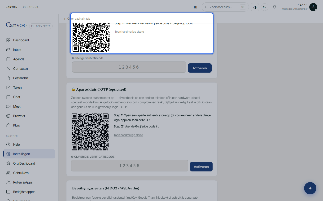 De QR-code voor de authenticator-app in de instellingen