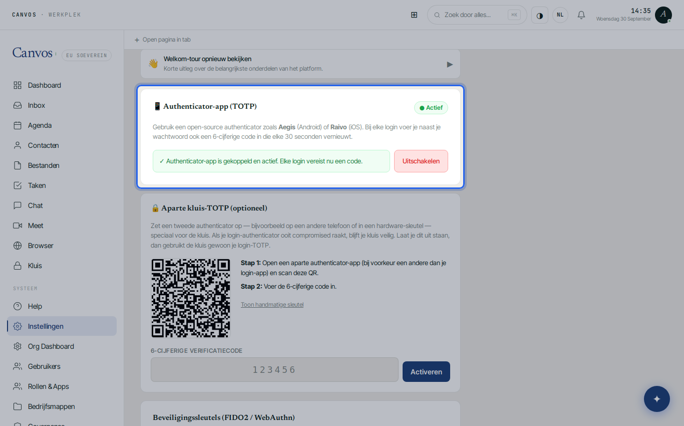 Bevestiging dat de authenticator-app gekoppeld en actief is