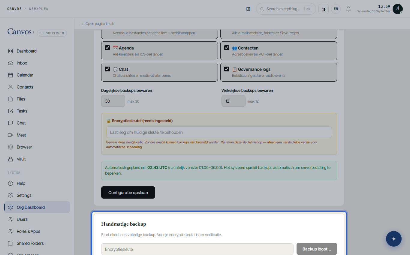 The manual backup with the key field and the Start now button