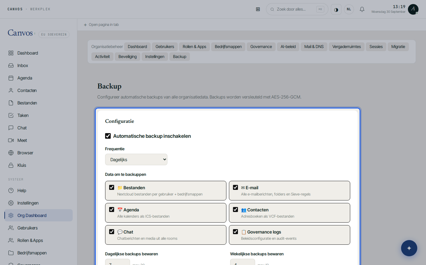 De pagina Backup met de configuratie van automatische back-ups