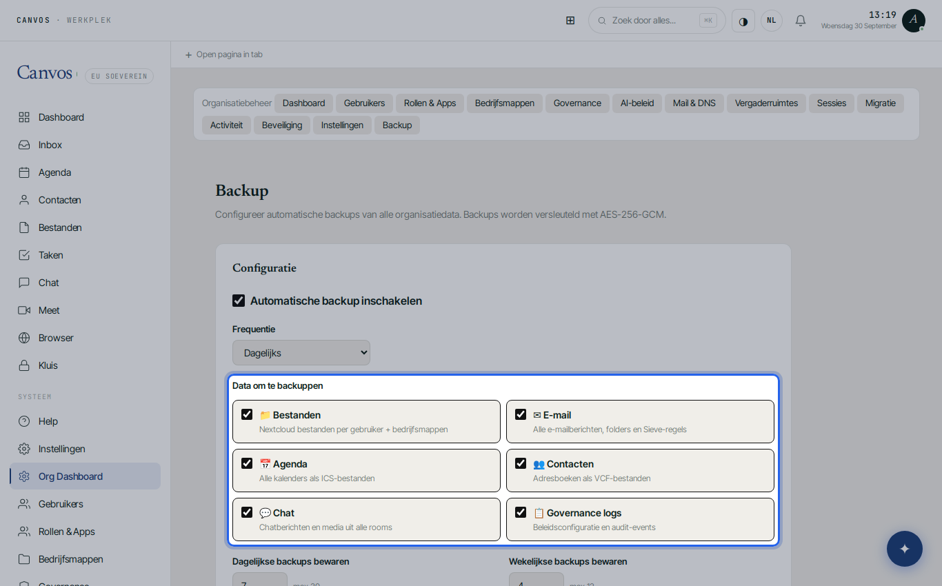 Automatische back-up ingeschakeld met alle datasoorten aangevinkt
