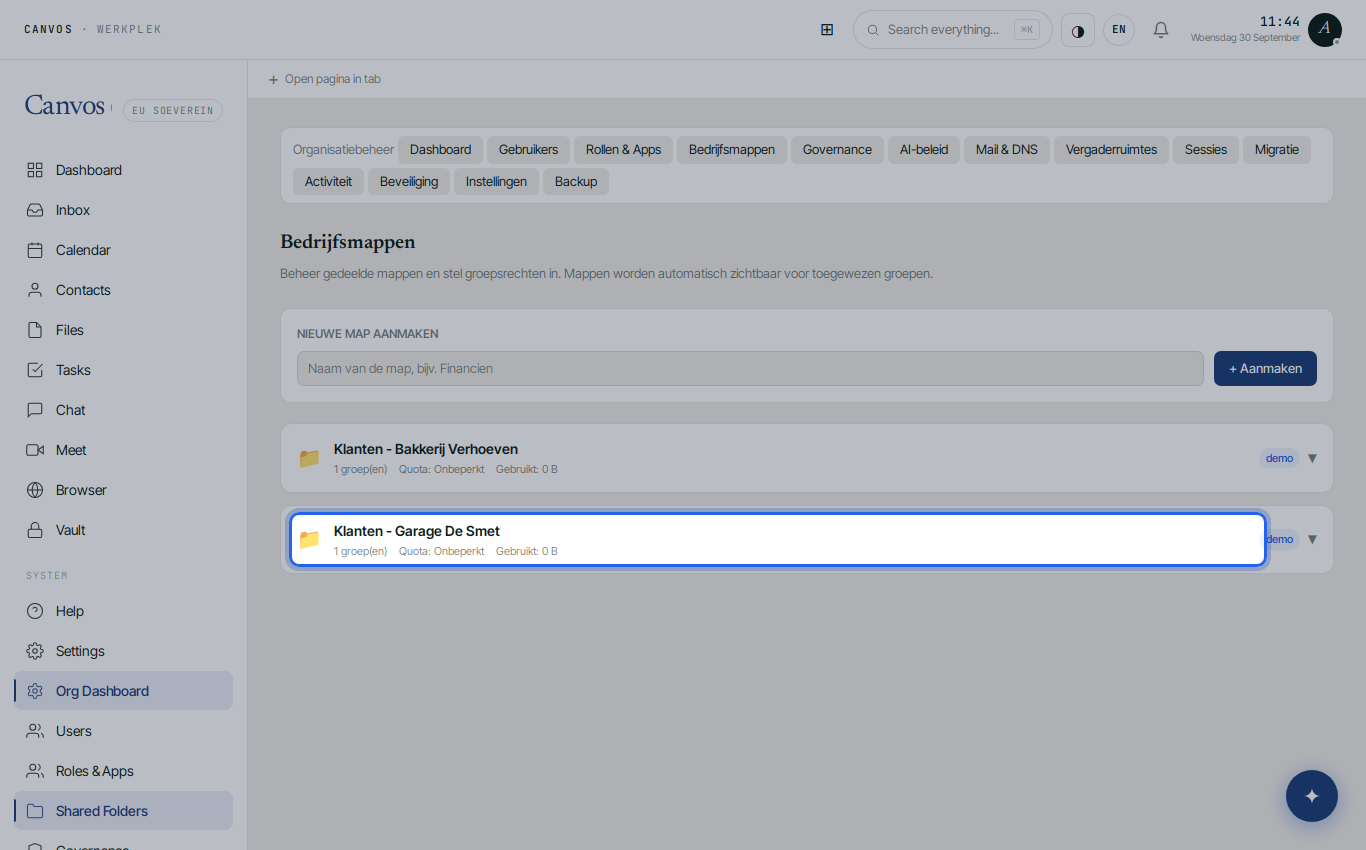 The company folders page with the new folder Klanten - Garage De Smet