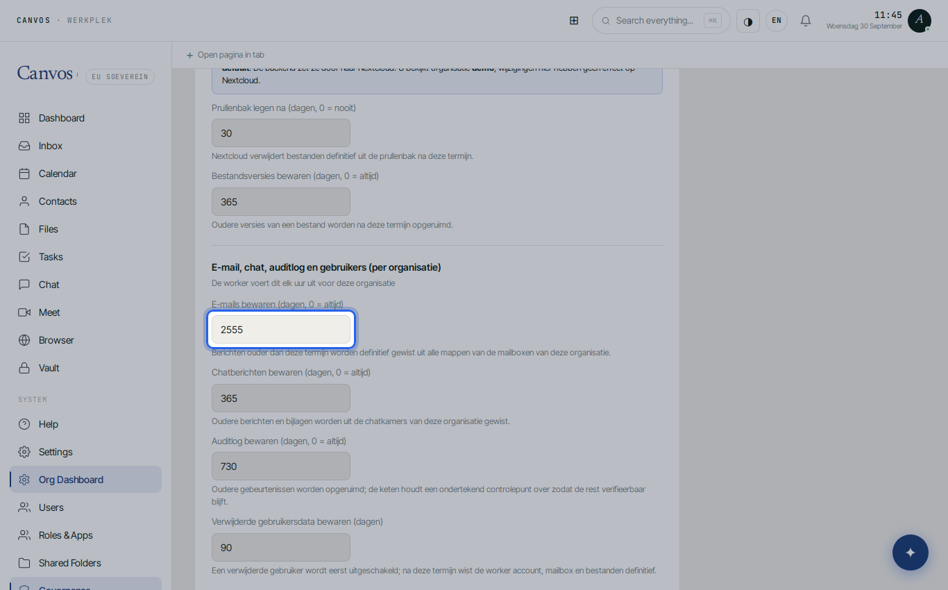The retention policy with keep emails set to 2555 days