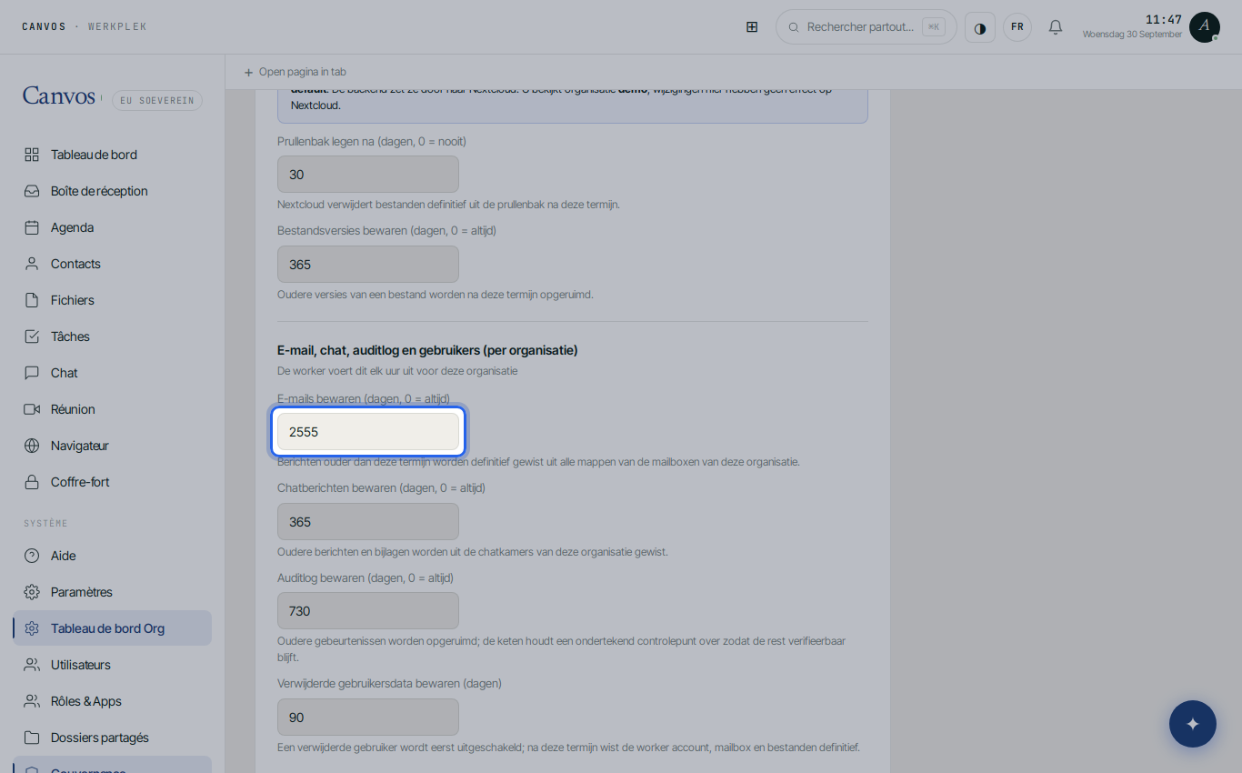 La politique de rétention avec conservation des e-mails à 2555 jours