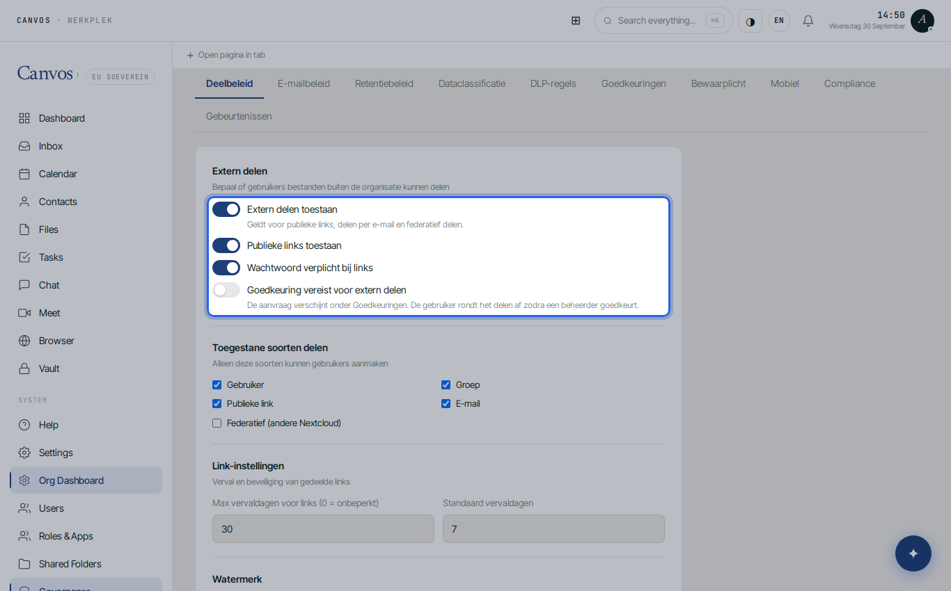 The sharing policy with mandatory password and maximum link validity